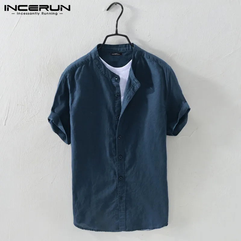 INCERUN 2023 Men Shirt Cotton Stand Collar Short Sleeve Streetwear Harajuku Camisas Solid Color Casual Men Brand Shirts S-5XL