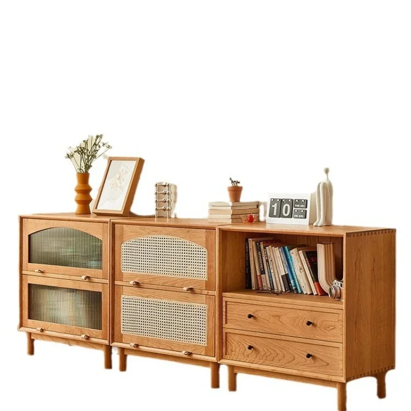 Full solid wood short bookcase cherry wood Japanese style living room storage glass door building block combination lattice