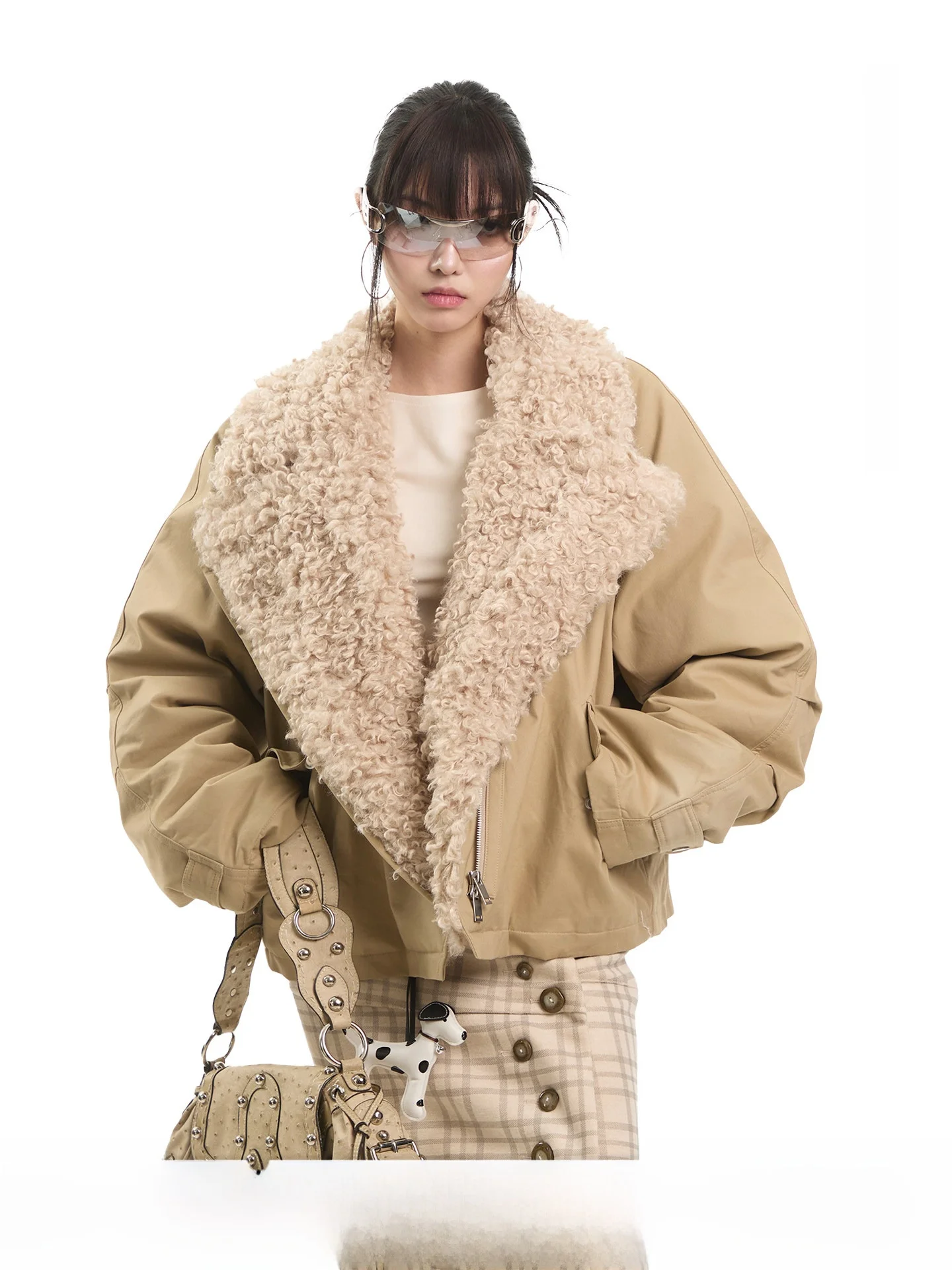 

UNCMHISEX American Retro Lamb Fur Patchwork Collar Cotton Jacket Women's Autumn Winter Versatile Warm Cotton Coat Outerwear