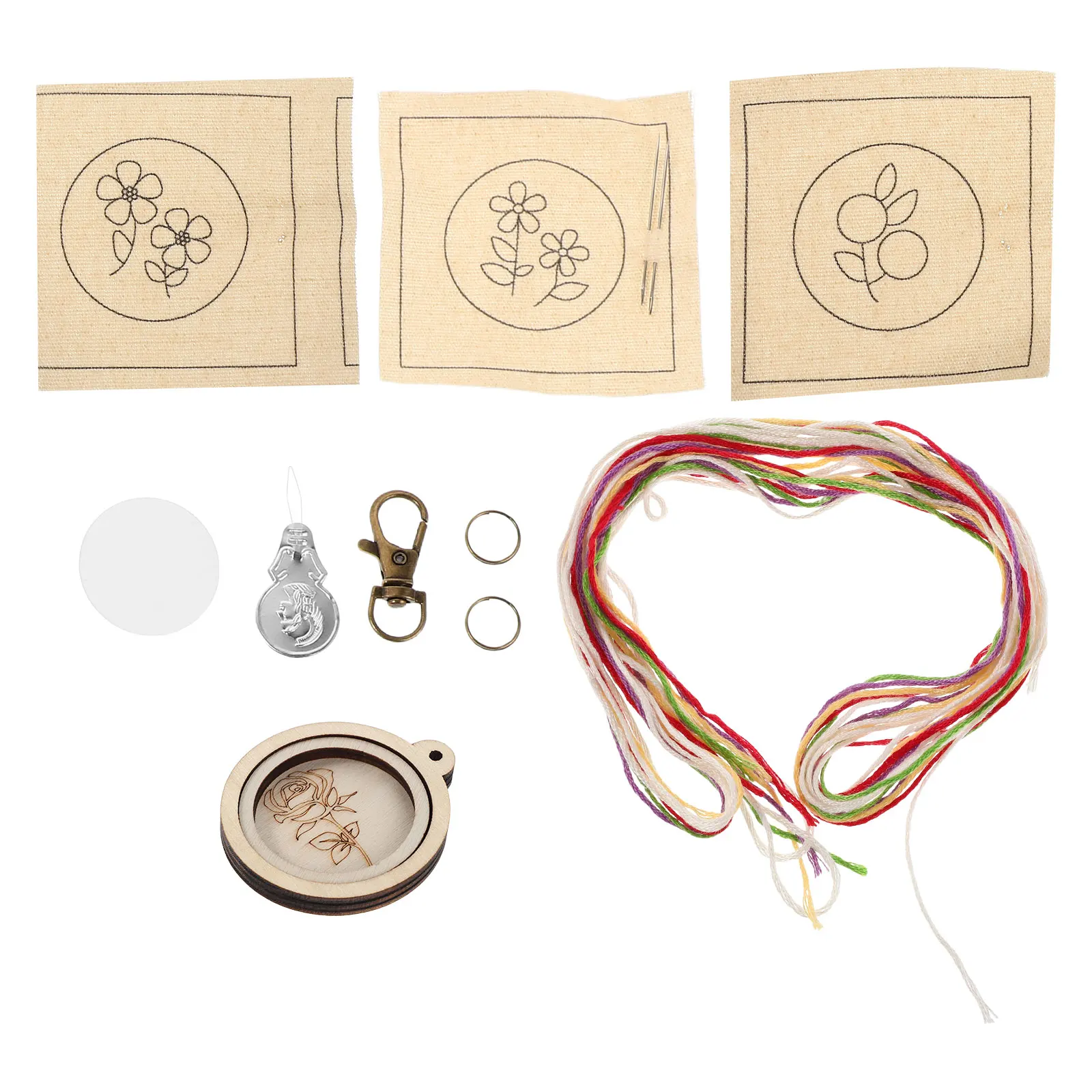 

3Sets Embroidery Keychain Mini Wooden Hoop Kit DIY Portable Craft Supplies for Handmade Keychain Making Embroidery Projects