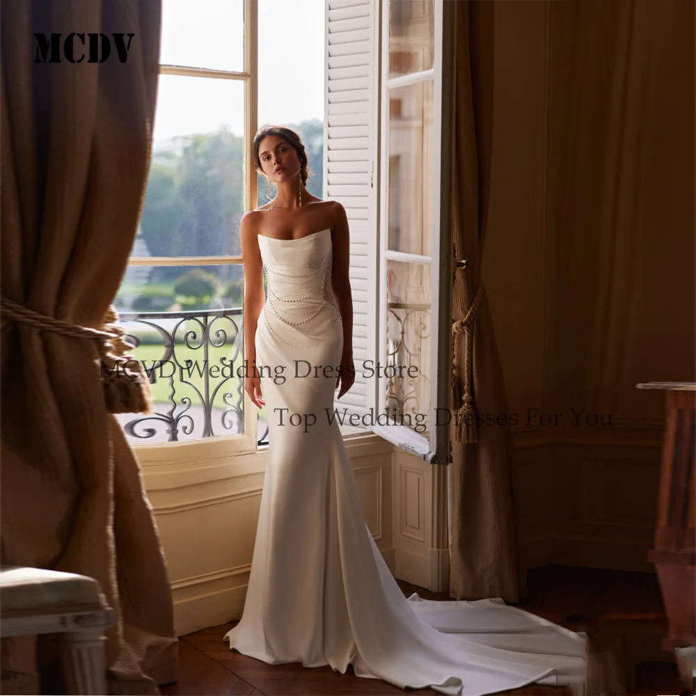 

MCDV Customized White Strapless Beads Wedding Dress Mermaid Sweep Train Applique Zipper Back Sleeveless Satin Evening Dresses