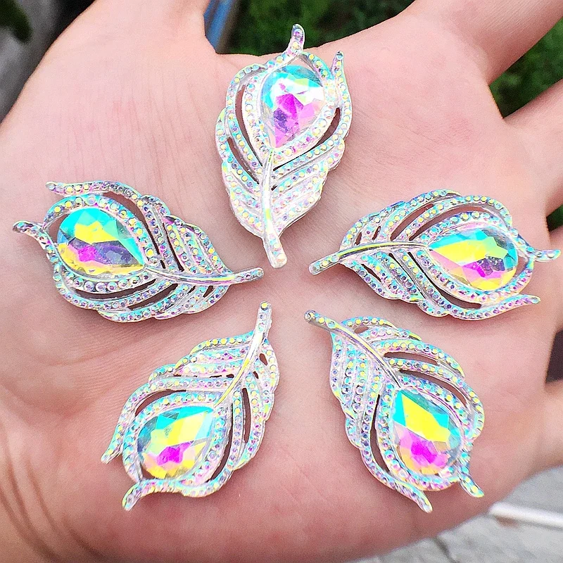 Bling 20pcs 20*38mm Cute AB Leaf &Phoenix down RhinestoneFlatback button Cabochon Appliques/Wedding Decoration Craft