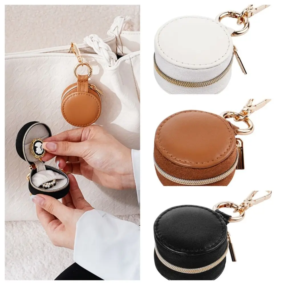 Creative Solid Colored PU Jewelry Case PU Leather Round Jewelry Storage Box Lightweight With keyring Necklace Ring Case Girls