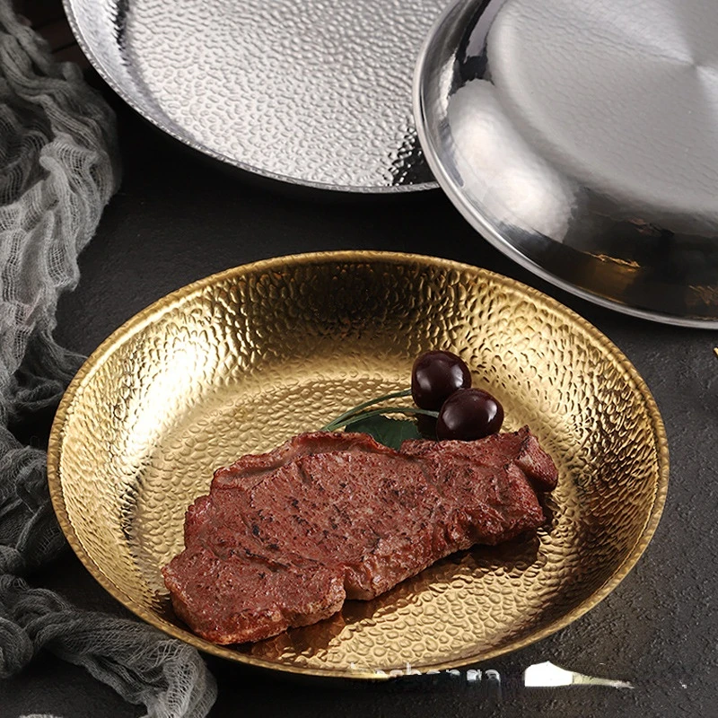 

Korean Stainless Steel round Plate Gold Flat Tray Barbecue Plate Fruit Plate Western Cuisine Steak Plate Italian Pasta Plate