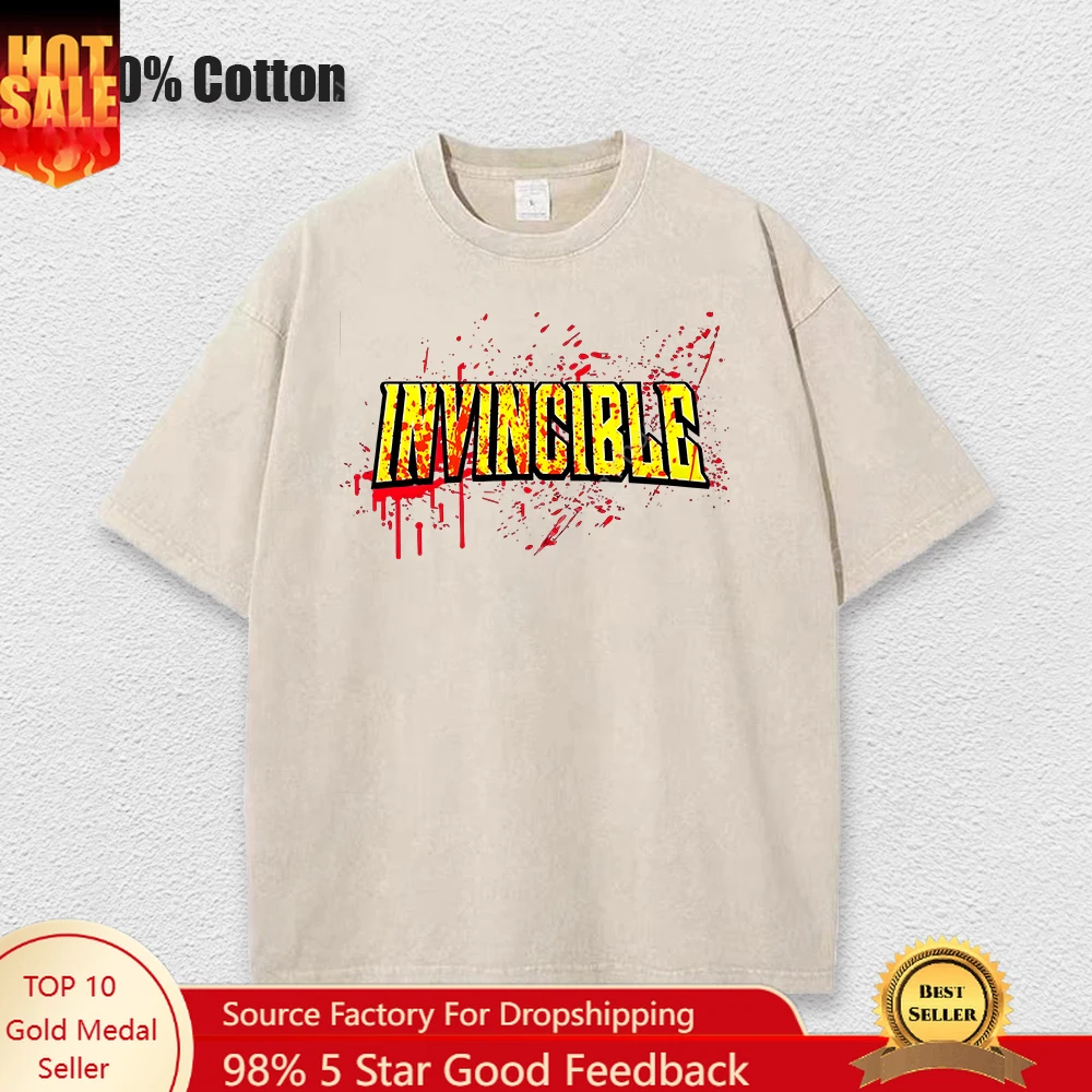

Ladies Invincible Hero Vintage Printed Tees Cotton Loose Washed T-Shirt Clothes Vintage Short Sleeve Crew Neck T-Shirt Unisex