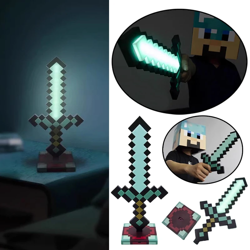 Espada Minecraft, iluminación de ambiente para mesita de noche, espada de píxel de Anime, adorno de escritorio, accesorios de juego de Cosplay, luz nocturna, decoración luminosa, regalo