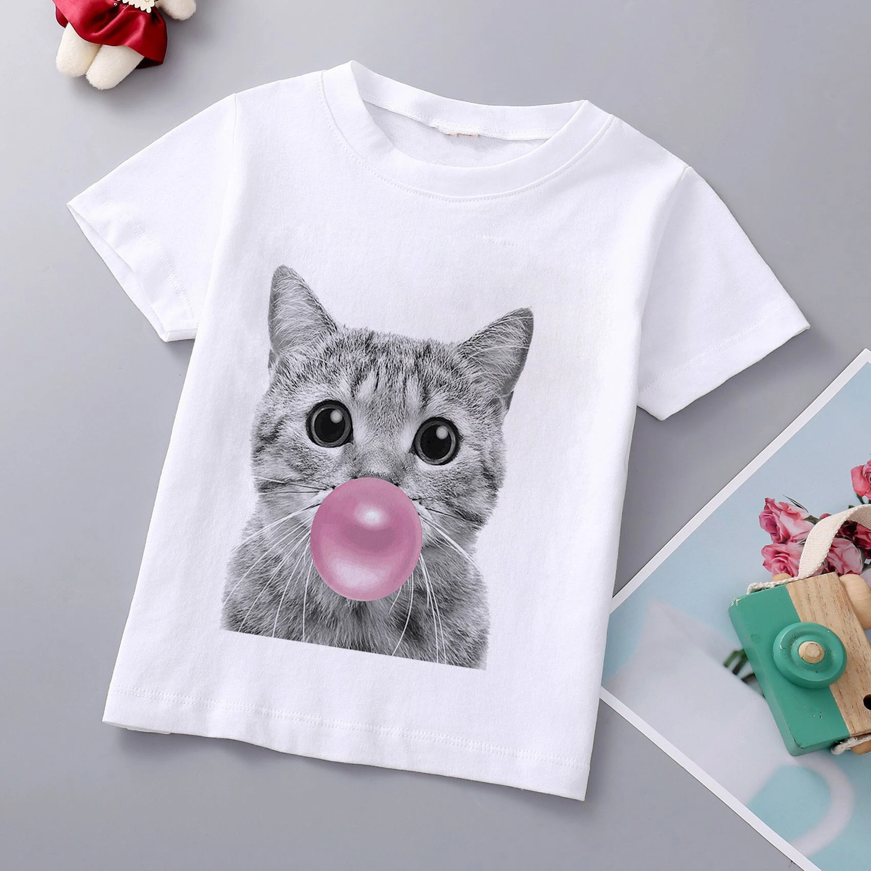 T-shirt d'été à manches courtes pour fille et garçon, vêtement mignon, Bubble Gum, animal, chat, Bulldog, 2023