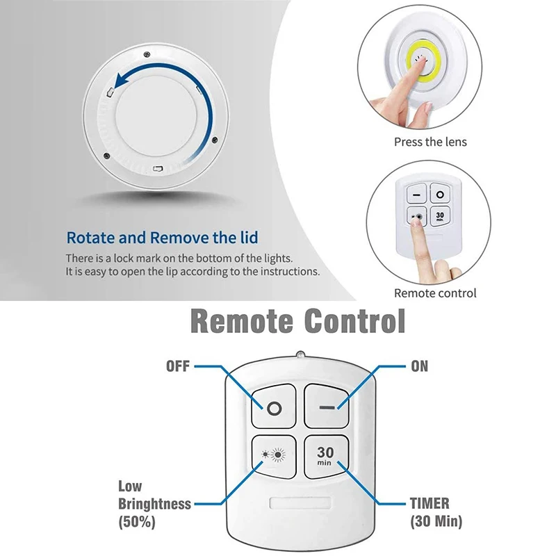 Dimmable 3W COB Under Cabinet Lamp LED Night Light Remote Control Wardrobe Light Switch Push Button for Stairs Kitchen Bathroom