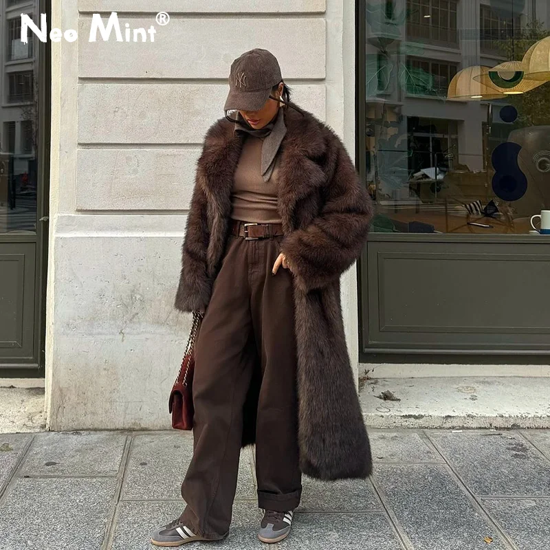 

Neo Mint винтажное роскошное длинное пальто из искусственного лисьего меха женское 2024 зимняя теплая пушистая меховая куртка женская уличная меховая верхняя одежда пальто
