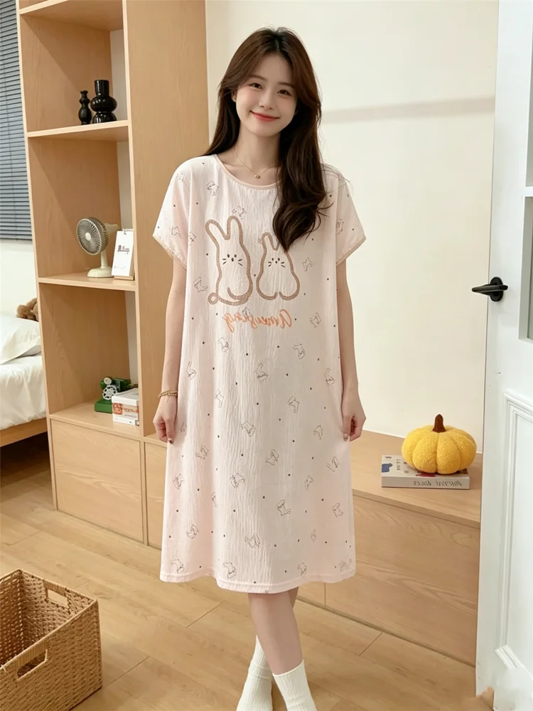 Women Nightgown  Version Girls Homewear Sweet Wind Cute Cartoon Rabbit Thin Section Loose Pajamas Kawaii Cute Breathable Casual
