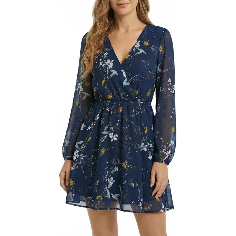 

Women's Elegant V-Neck Chiffon Dress - Long Sleeve Flowy Casual Dresses for Spring & Autumn, Holiday and Party Wear