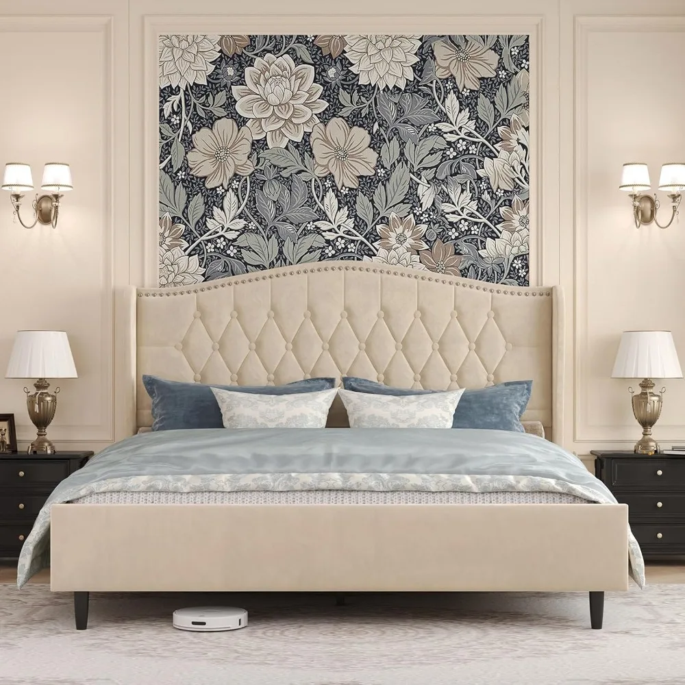 

Queen Bed Frame with Headboard, Luxury Upholstered Velvet Platform Bed with Wingback, Button Tufted & Nailhead Trim