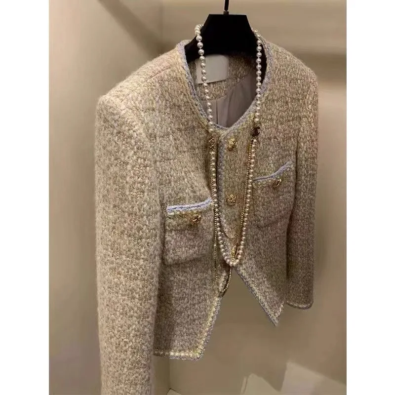 

French Temperament Ladies Small Fragrant Coat Vintage Wine Simple Fashion O Neck Korea Chic High Quality Tweed Women Jacket