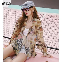 ELFSACK 2024 summer new arrival Brown Retro Glossy Puppy Print Loose Chiffon Shirt Thin Shirt for Women