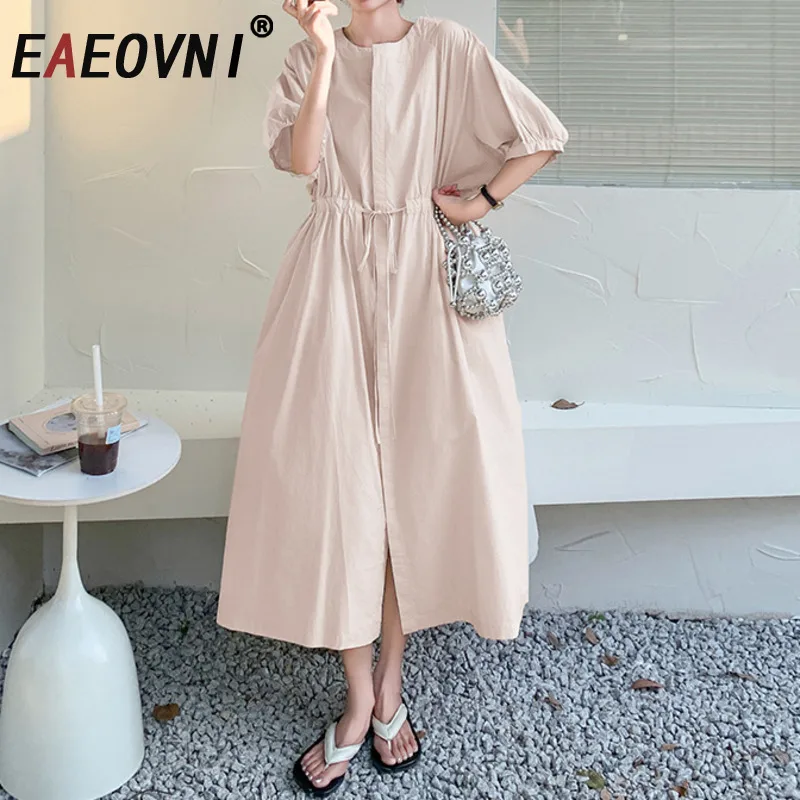 

EAEOVNI Summer Women Versatile Dress Fashion O Neck Puff Sleeve Lace-up Gathered Waist A Line Long Dresses Casual 1A1155