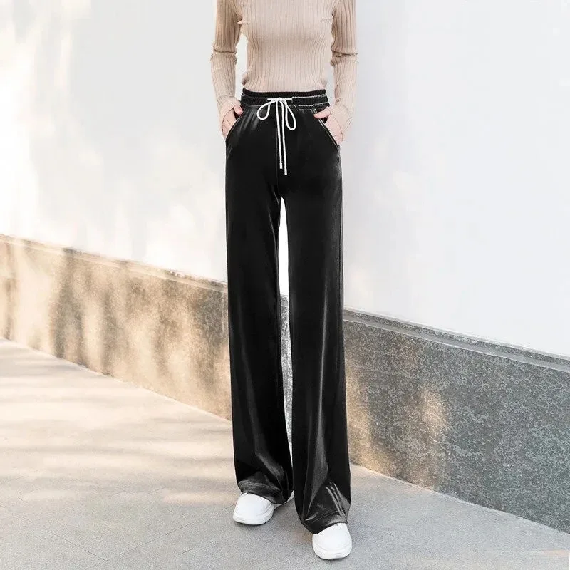 Velvet Elastic High Waist  Wide Leg Pants Womens Trousers Korean Basic Spodnie 2024 New Spring Casual Straight Pantalon Elegant