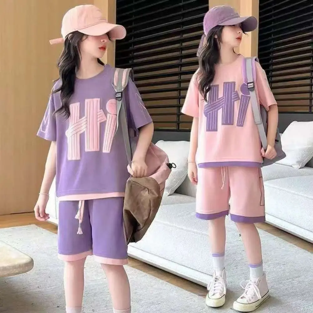 

Elegant Y2K Children Sports Set Letter Teenagers T-shirt Pants Wear Suit Loose Girls Clothes Set Party