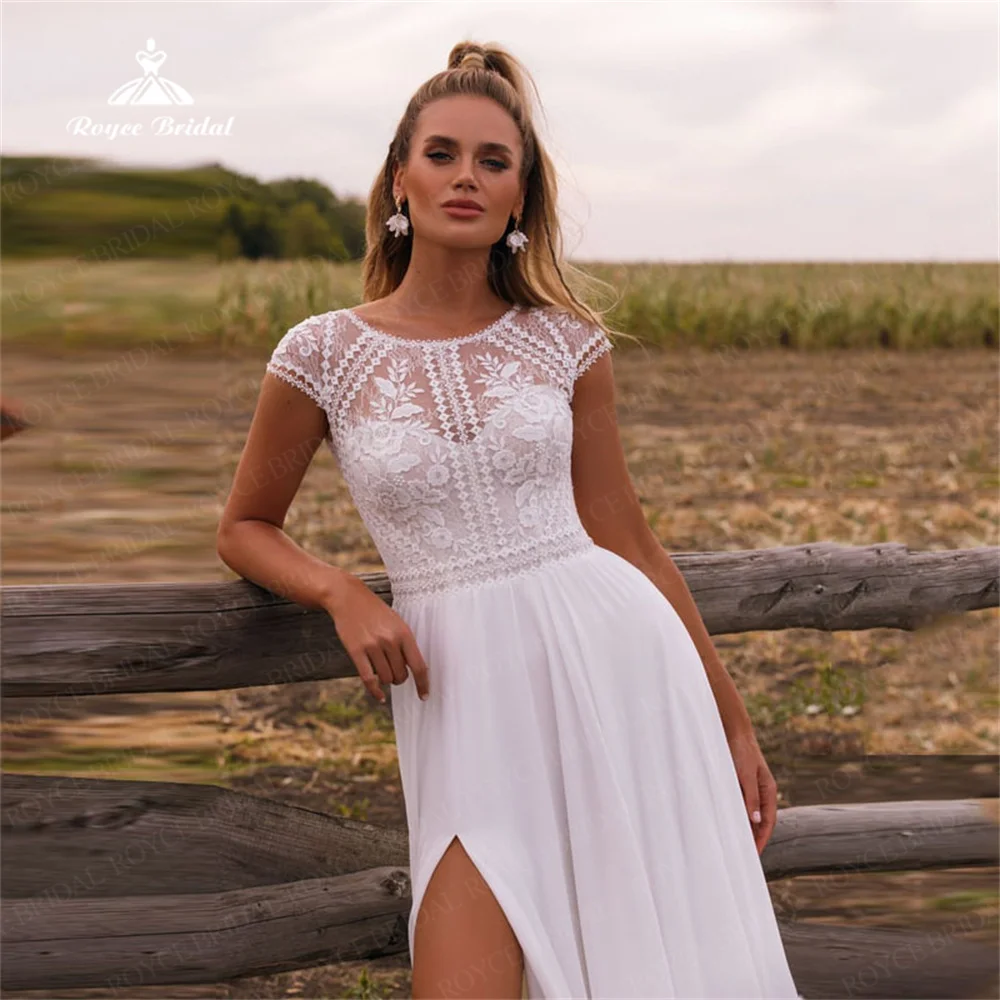 Amazing A Line Boho Wedding Dress Chiffon Scoop Collar Cap Sleeves Sexy Side Split Lace WIth Button For Bride abiti da cerimonia