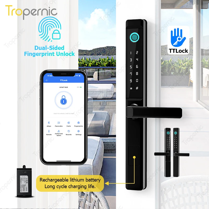 Tropernic Waterproof Biometric Wifi  Mobile App Smart TTlock Fingerprint Sliding Door Lock