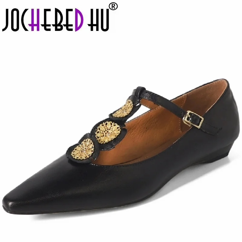 【JOCHEBED HU】Women\'s Shoes 2024 New Brand Fashion Genuine Leather Low Heels T-strap Dress Casual Lady Pumps Size 34-40