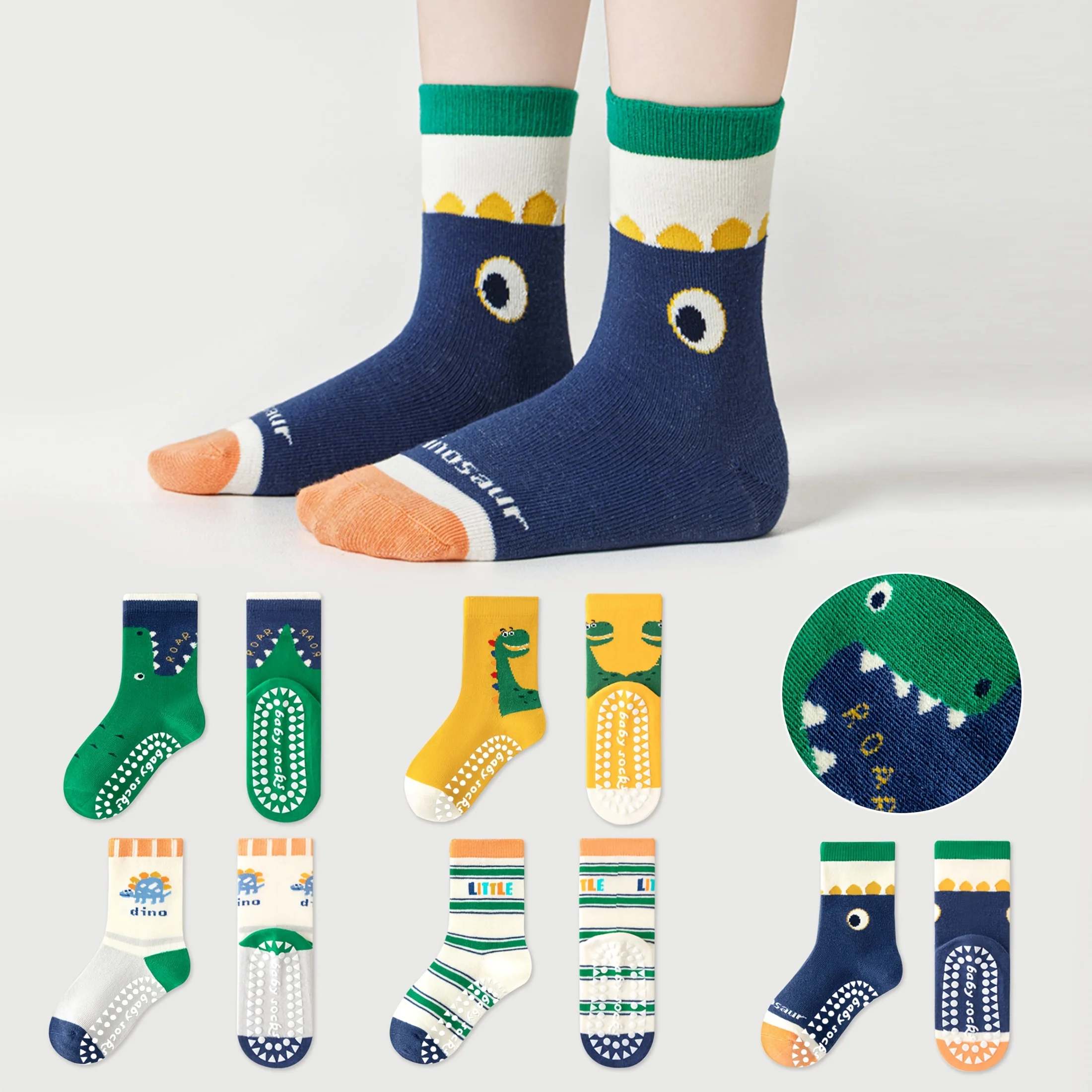 5 Pairs of Children's Floor Socks with Letter Stripes, Cartoon Big-Eyed Dinosaur Pattern, for Boys and Girls, Baby Toddler Soft-Soled Indoor Non-Slip Mid-Tube Socks, Suitable for Casual Daily Life