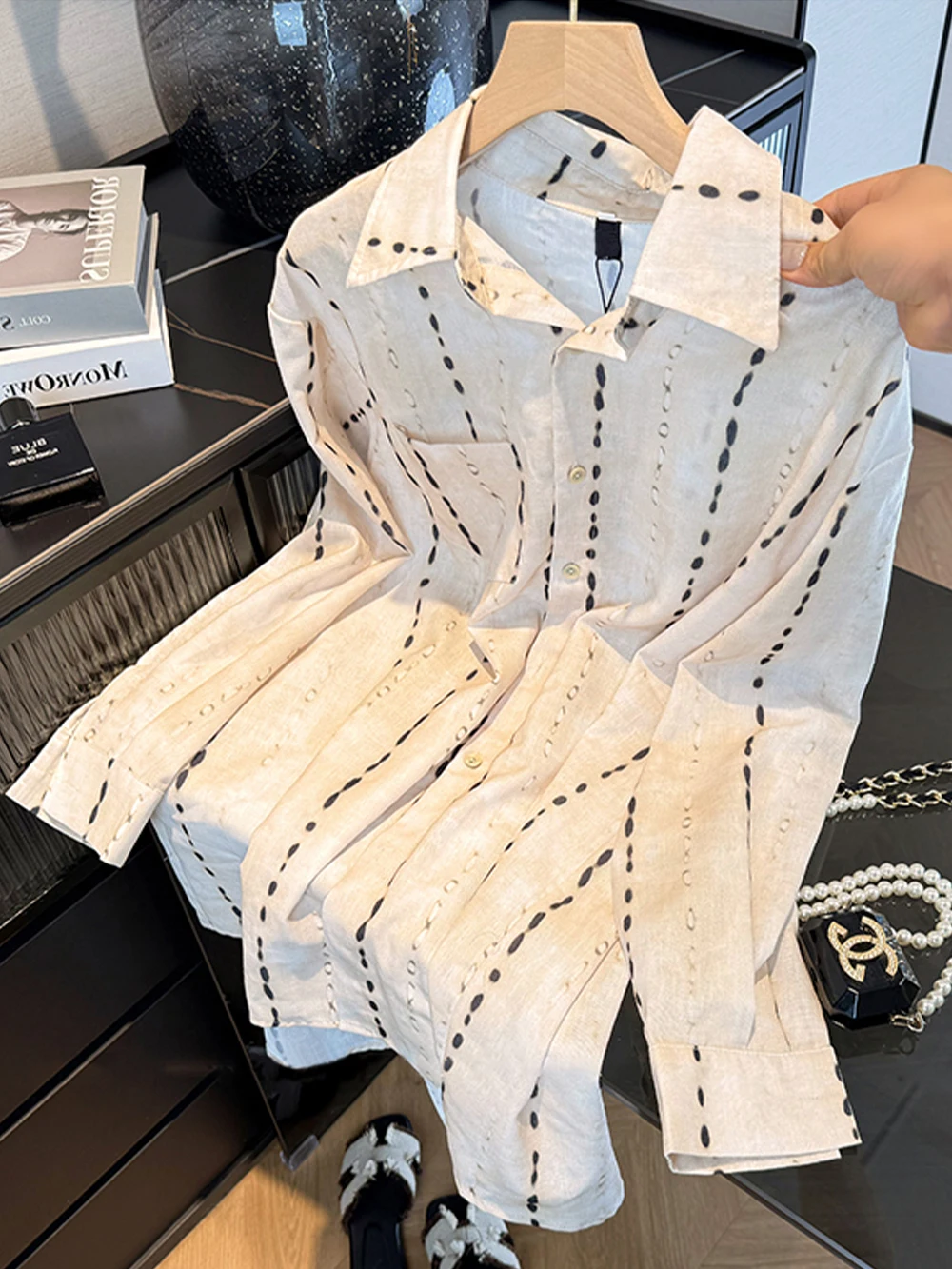 

Vintage Feel Long Sve Waterdrop Pattern Casual Collar irt Loose Fit Men Women Autumn Faion Korean Sle Loose irt