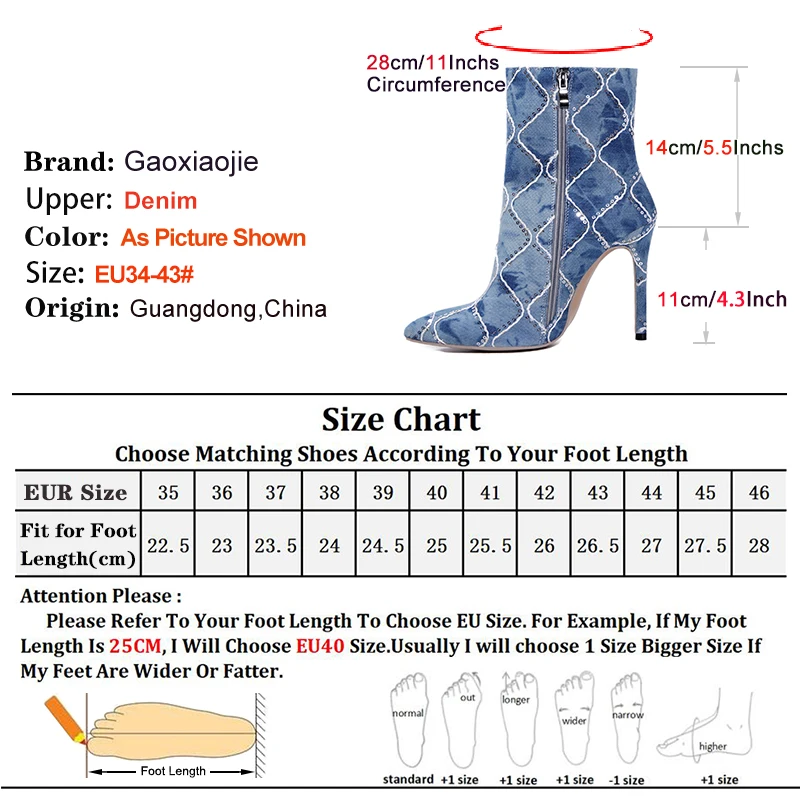 New Denim Thin High Heel Autumn Shoes Ladies Pointy Short Boots 11CM Trend Women Stiletto Heels Side Zip Ankle Boots Botas Mujer