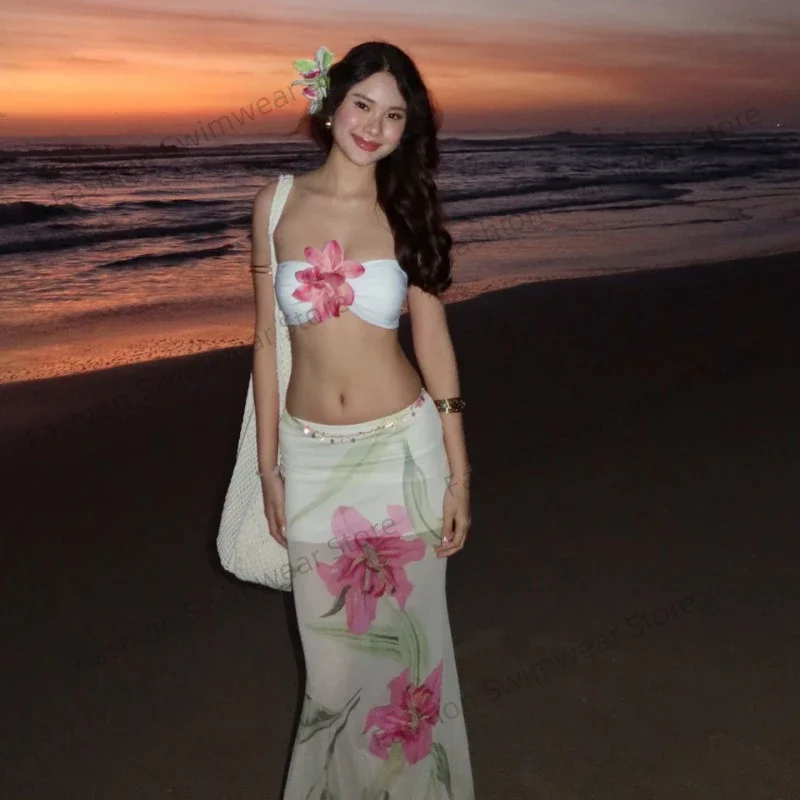 

Women Sexy Strapless Skirt Suit Elegant Sleeveless Backless Printing Top High Waist Slim Fit 2-piece Set 2025 Lady Beach Outfits