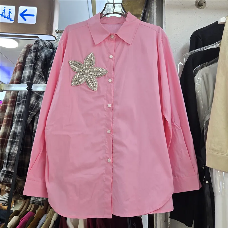 WTHT 트렌디 여성 헤비 인더스트리 다이아몬드 3D 장식 캐주얼 셔츠 2025 가을 패션 긴 소매 블라우스 여성 1LS2586