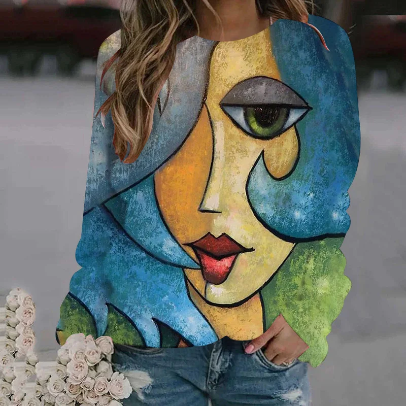 Abstract Face Pattern Sweatshirts Funny 3D Print Hoodies Women Long Sleeve Y2k Hoodie Oversized Pullovers Tops Female Clothing