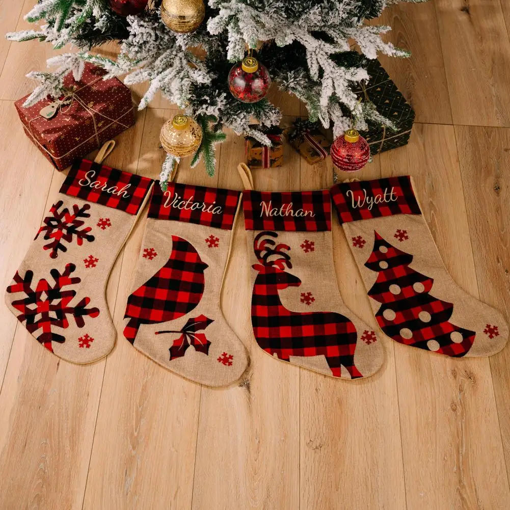 Traditional Christmas Stockings Buffalo Plaid Christmas Stockings with Reindeer Snowflake for Family for Home for Kids