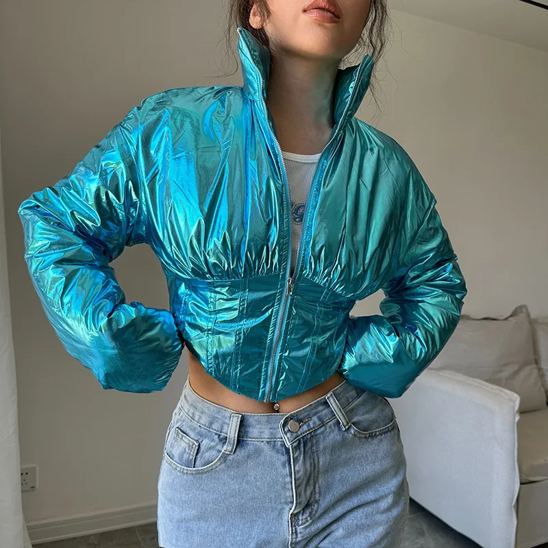 Blue Metallic Shiny Bubble Quilted Coat Women 2025 Winter Warm Parkas Fashion Ladies Long Sleeve Cropped Puffer Jackets Gold