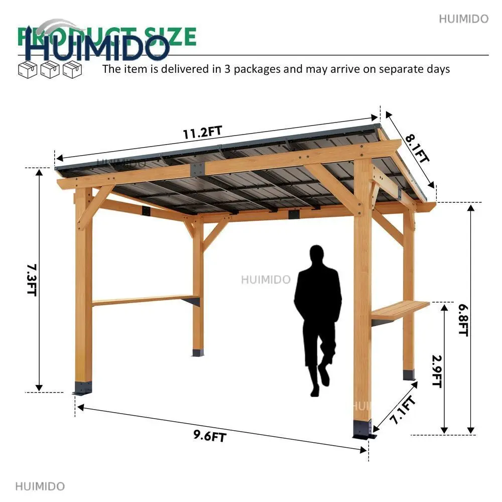 Premium 8x10 FT Cedar Wood Gazebo Heavy Duty Permanent Patio Pavilion With Thick Wooden Side Serving Shelves Galvanized Roof