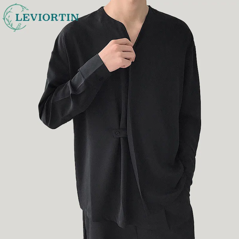 Spring and Autumn new European and American men's fake two-piece irregular solid color long sleeved casual stand up collar shirt