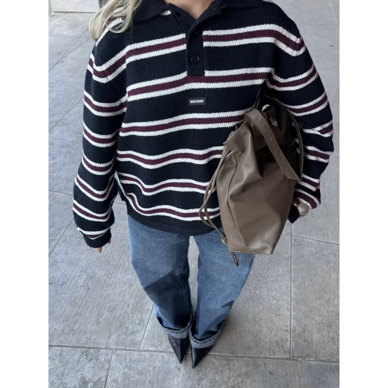 

Женский повседневный свободный пуловер с воротником-поло, свитер, осенний новый винтажный полосатый толстый теплый вязаный свитер, женский трикотаж, уличная одежда