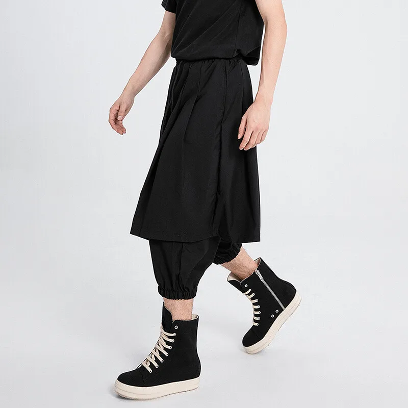 

Men's Casual Pants X072 Japanese Personality Jogger Fake Two-Piece Design Fashion Dark Style Nine-Point Wide-Leg Casual Pants