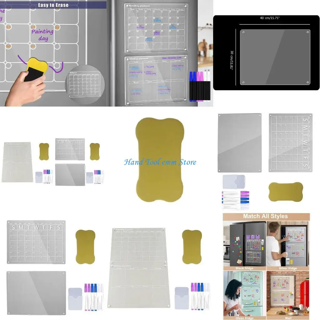 

H37F 2Pcs Acrylic Fridge Calendar Weekly Monthly Calendar To-do-list Planner