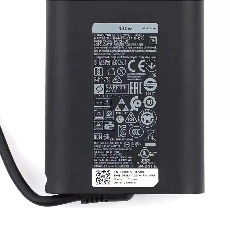 For DELL 130W Alienware 15 P127F P104F Charger XPS15 Power Adapter 20V6.5A