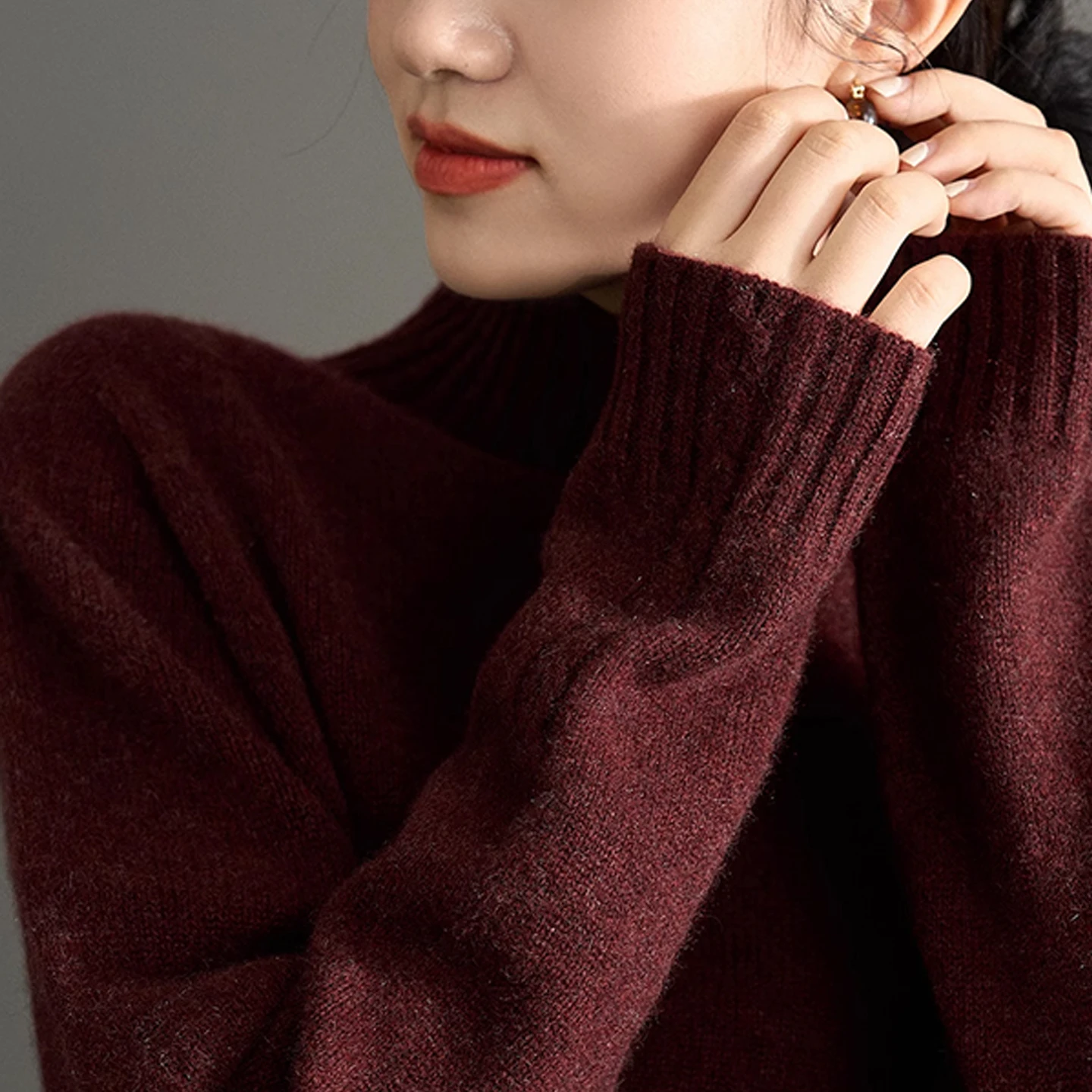 Suéter feminino 100% lã merino, de alta qualidade, gola alta, cor sólida, bainha dividida, básico, macio, quente, base de malha