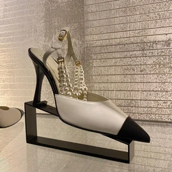 2024 Summer New Pointed High Heels Color Blocked Pearl Chain Toe Women's Sandals