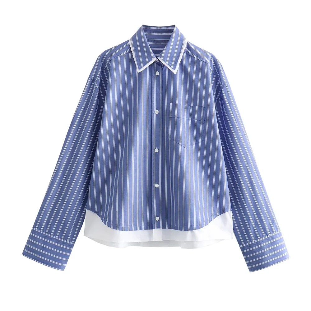 PB&ZA 2023 Spring New Women\'s Fashion and Elegance Casual Versatile Loose Spliced Striped Shirt