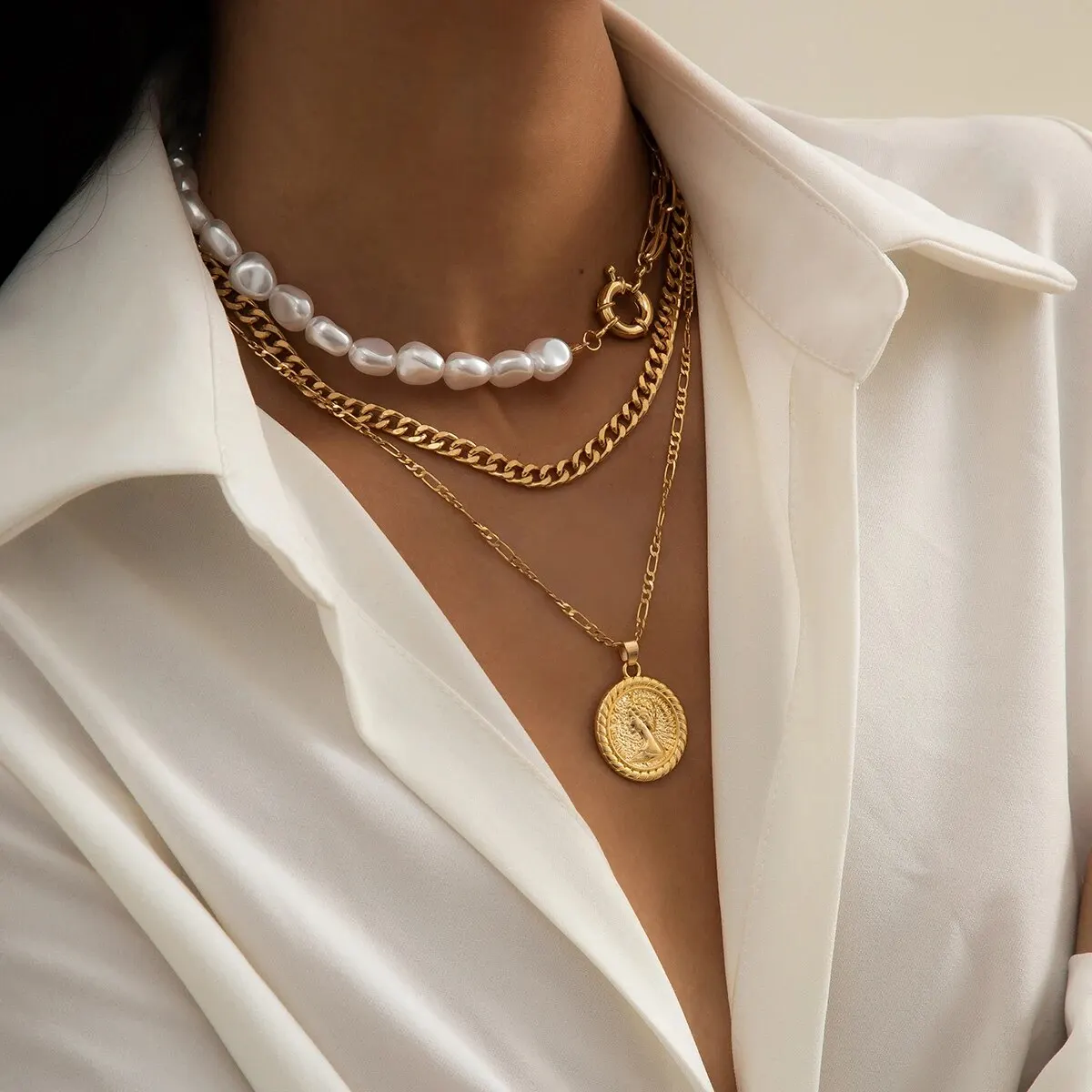 عقد قلادة بدلاية على شكل عملة لؤلؤ تقليد للنساء ، سلسلة ربط عتيقة ، قوطية ، باروك ، جمالية ، مجوهرات الزفاف ، طقم 3