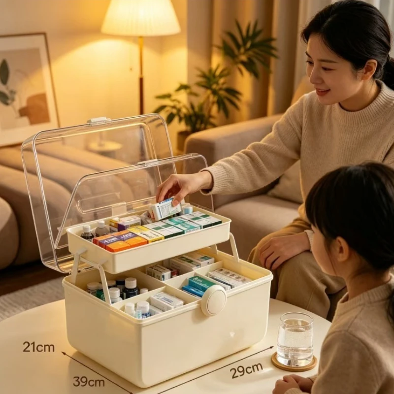 

Portable Three-layer Large-capacity Medicine Box Desktop Transparent Medicine Storage Box with Lid Multifunctional Creative