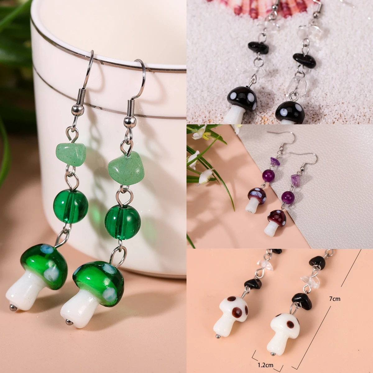 Cute and Creative Mushroom Murano Glass Gemstone Pendant Earrings for Women Sweet Jewelry Gift Clothing Accessories