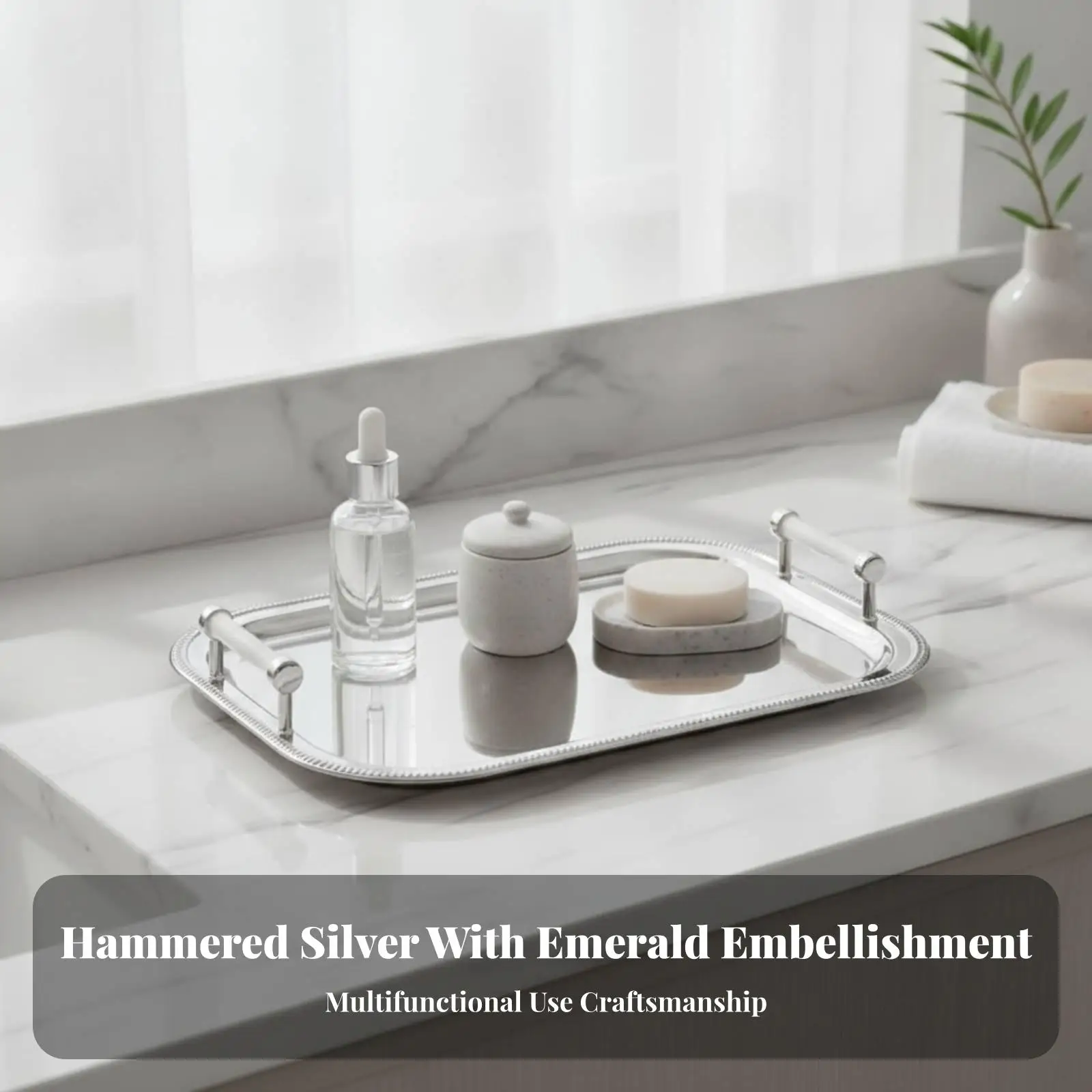Stylish Silver Decorative Storage Tray with Textured Border for Bathroom Toiletry Organizer