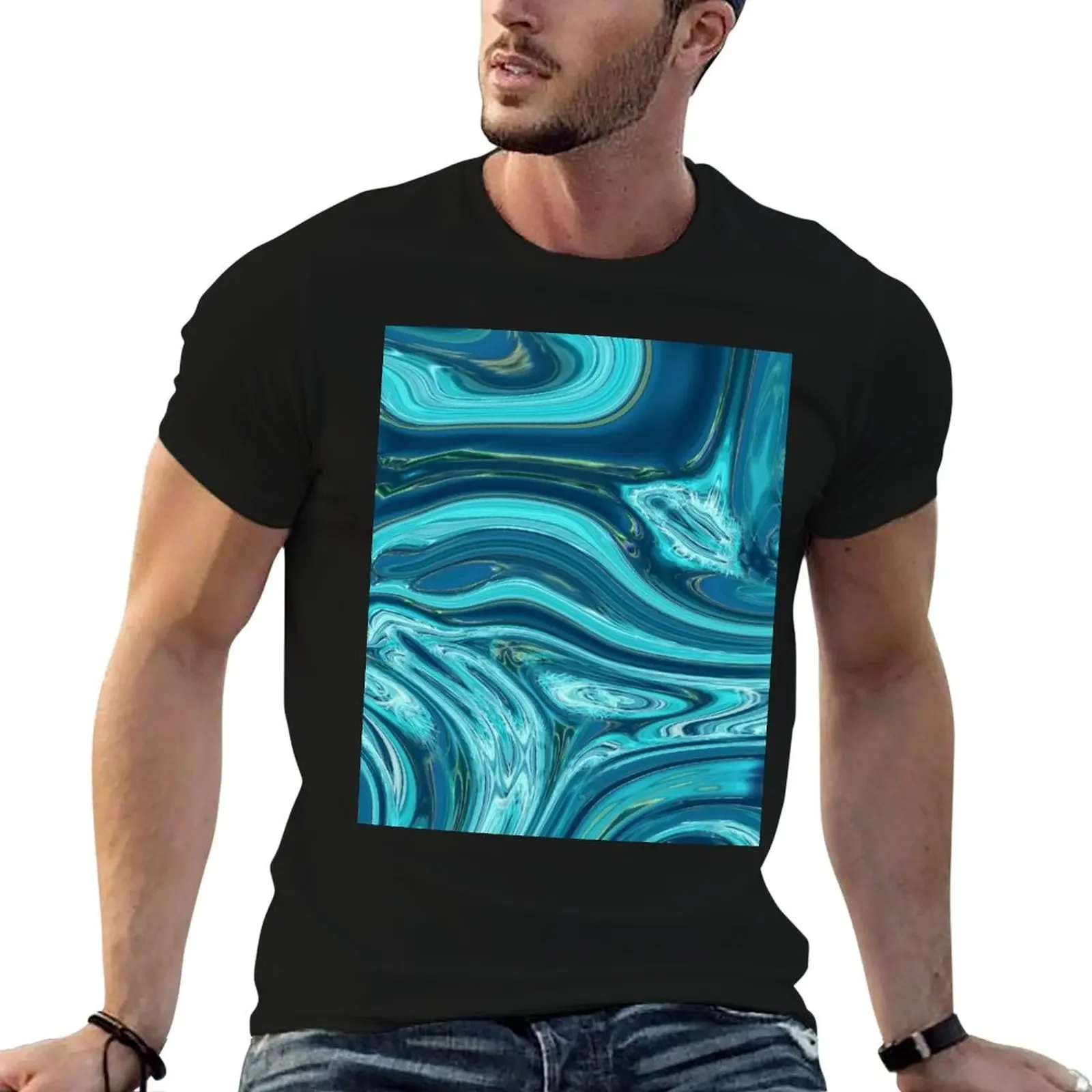 abstract blue teal marble swirls mid century modern T-Shirt cotton graphic tees quick-drying t shirts men