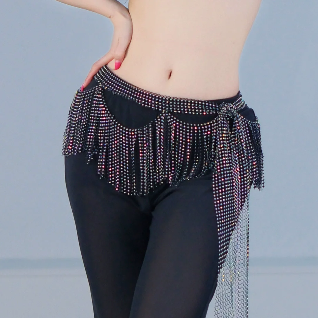 Nowy Błyszczący Szalik do Tańca Brzucha z Frędzlami z Cyrkonii, Luksusowy Łańcuszek na Pas z Falowymi Frędzlami, Damski Pas do Tańca, Szalik do Tańca Brzucha