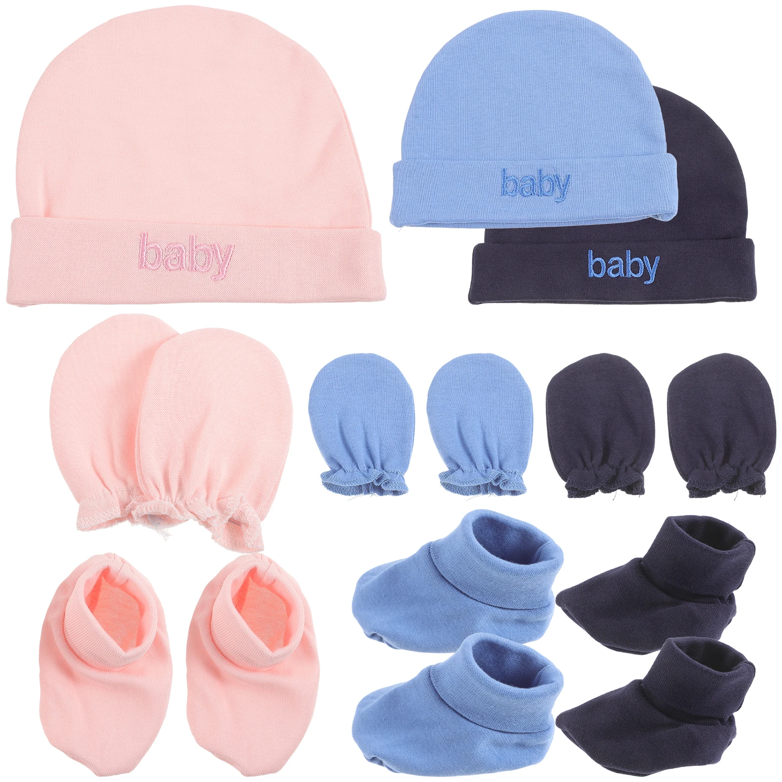 

3 Sets Baby Girl Mittens Hat Socks Newborn Fetal Cap Pink Denim Blue Single Layer Soft Decorative Comfortable Lovely