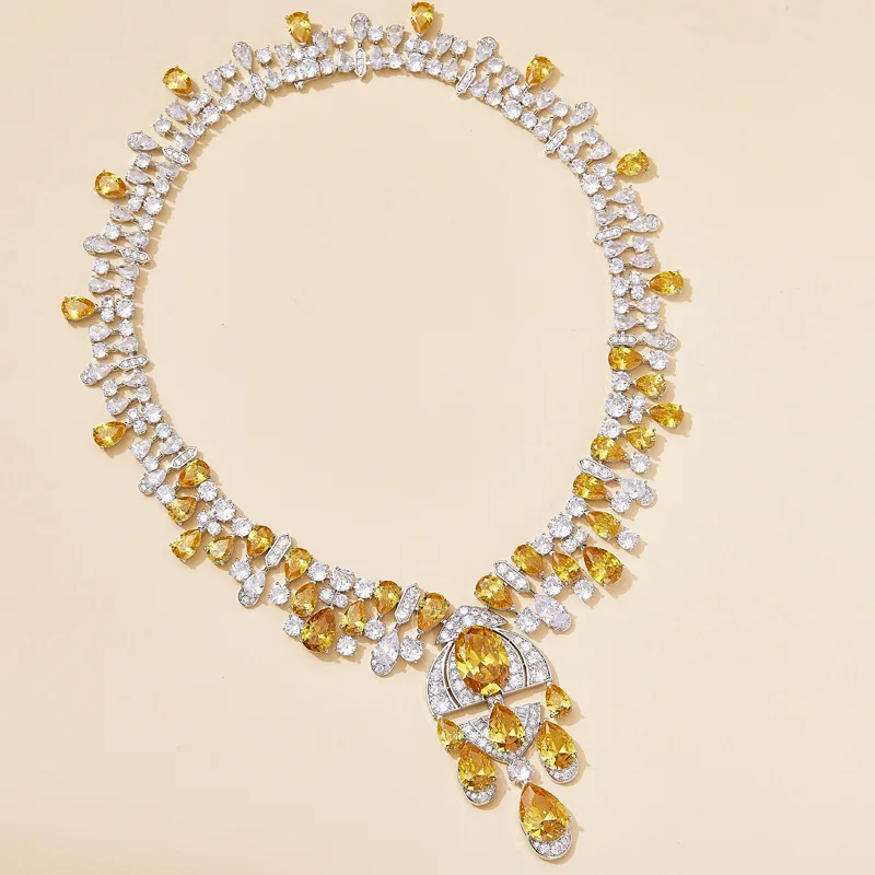 Yellow Gradient CZ Necklace Water Drop Oval Layered Luxury Women's Jewelry