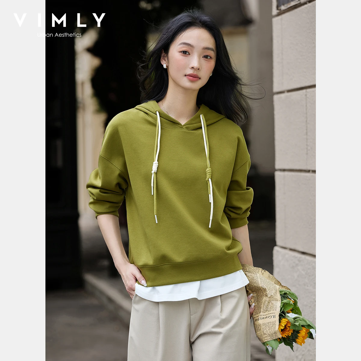 VIMLY Women Hoodies 2025 Autumn New Sports Hooded Sweatshirts Female Knitted Casual Long Sleeve draw string Ladies Tops A2075